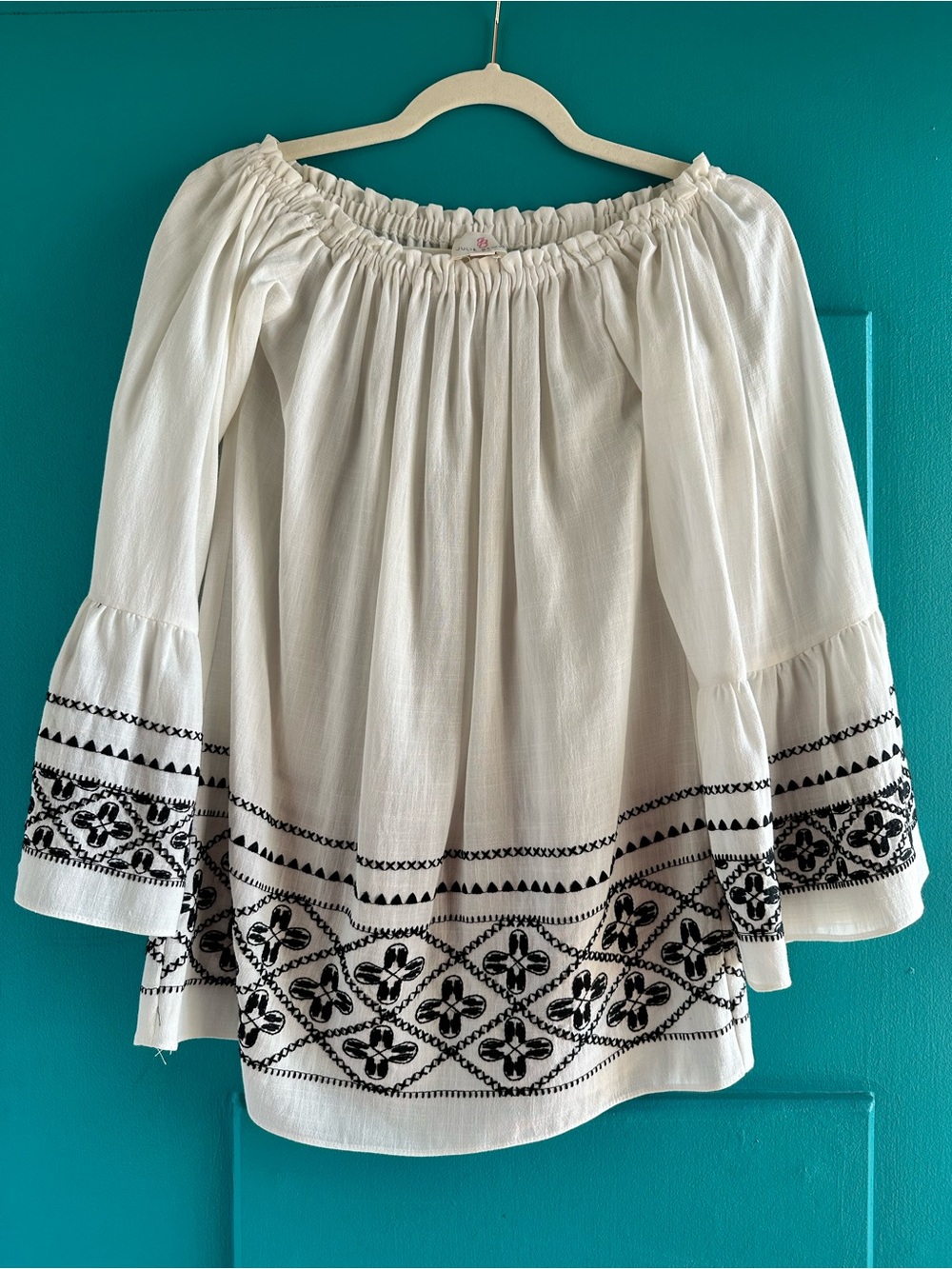 JB by Julie Brown White Off-Shoulder Ruffled Top with Pink Logo Tag